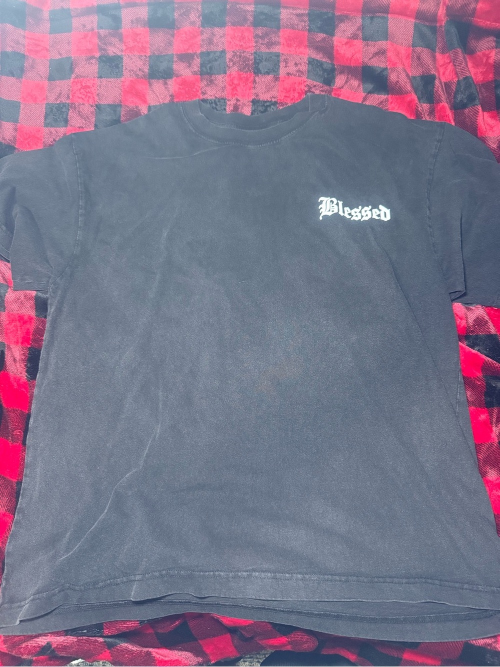 Twisted Black Tee with White 'Blessed' Chest Script Size L NWT
